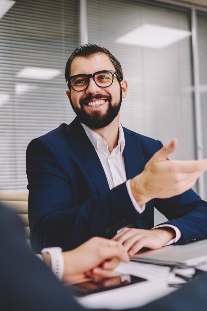 Happy,Bearded,Proud,Ceo,In,Eyeglasses,For,Vision,Correction,Communicating
